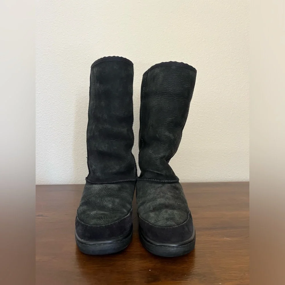 Vtg Original UGG Australia Boots Black Suede Shearling Embroidered Stitching
